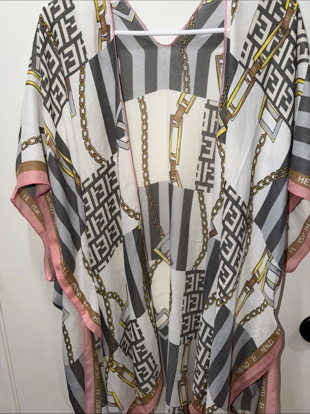 Zhenzi Gray & White Striped Chain-Print Kimono with Pink Trim